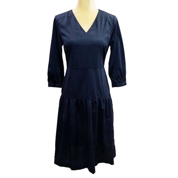 J. McLaughlin Navy Blue Cotton Sateen 3/4 Sleeve Drop Waist Dara Midi Dress XS - Picture 2 of 10